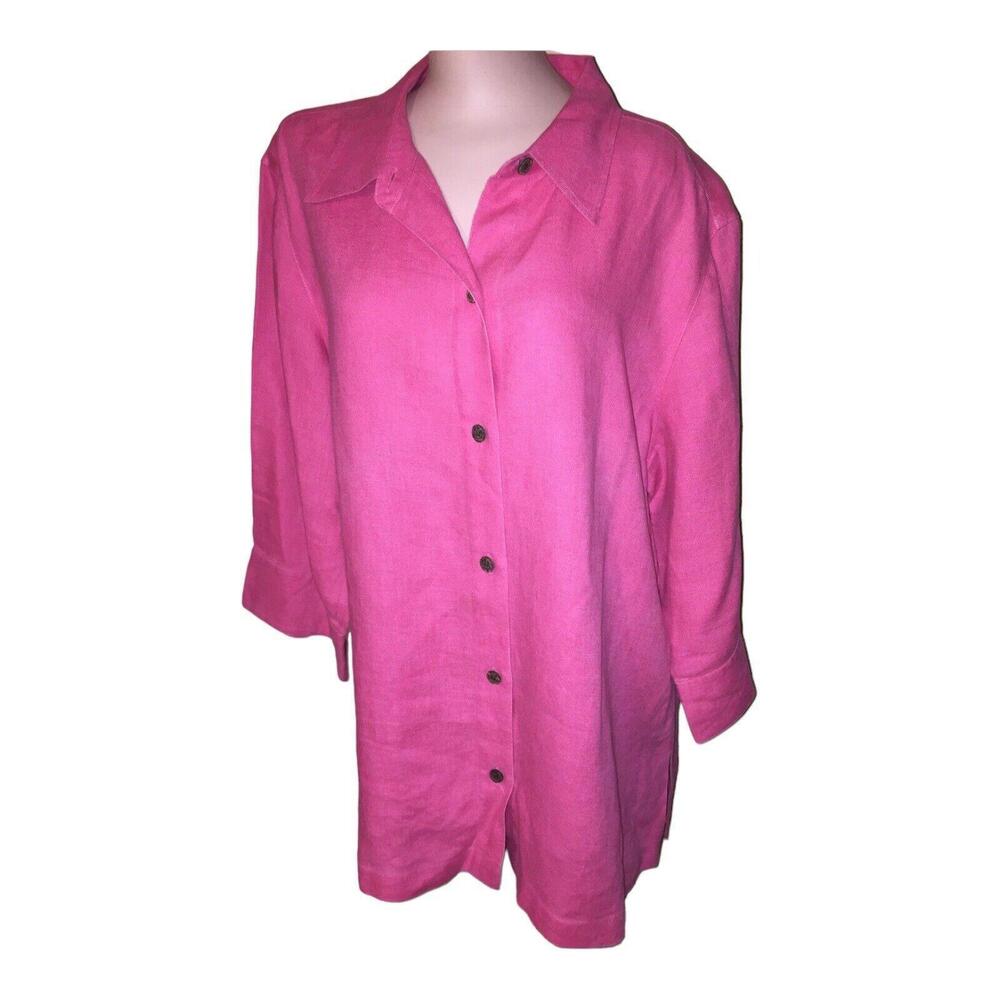 Chico’s Pink 3/4 Sleeve Linen Top Blouse Sz 2/ 10/12 M